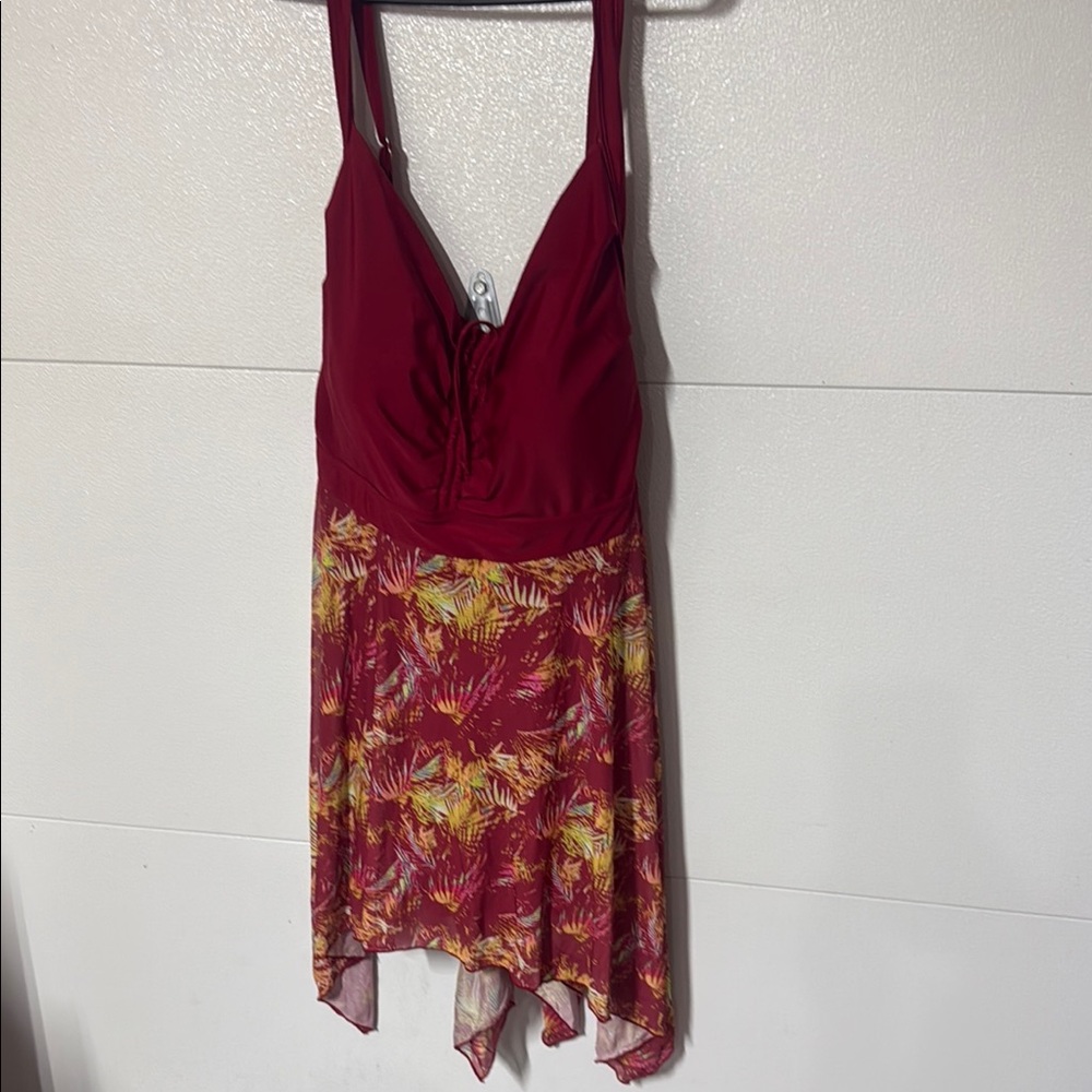 BloomChic Red and Yellow Asymmetrical Tiered Swim Dress